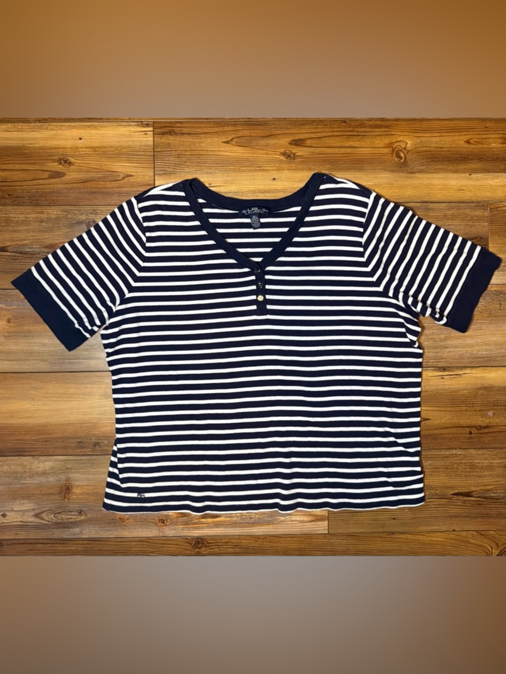 Lauren Ralph Lauren 2X Striped Henley Top Navy White Plus Size Cotton